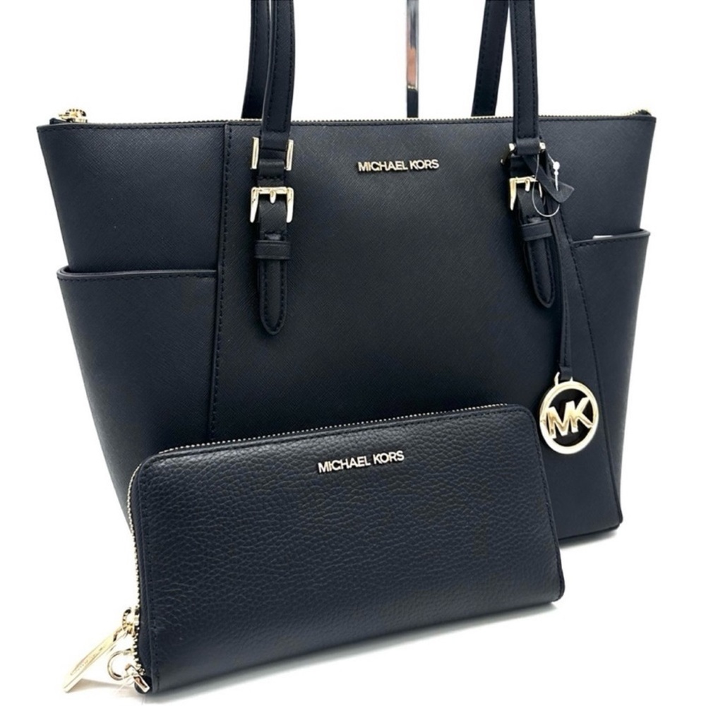 Michael Kors Large Charlotte Tote Bag & Large Continental Wallet Wristlet Black - Picture 1 of 14